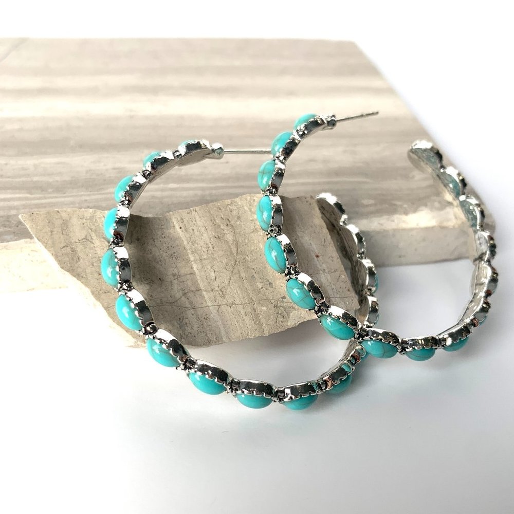 NEW ~ Free People Turquoise Stone "Buckaroo Hoops" Silver Earrings - Picture 5 of 16